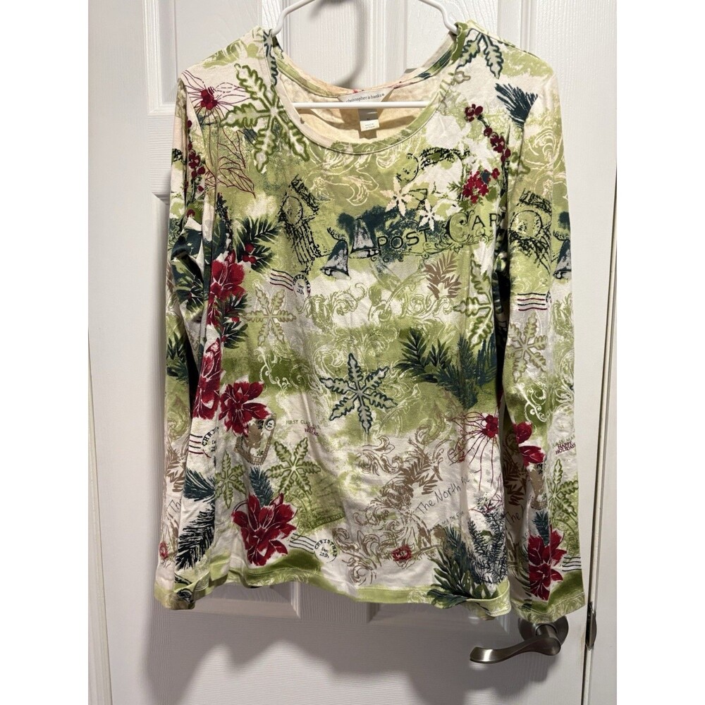 CJ Banks Christmas Long Sleeve Top Womens 2X Green Red Snowflake Floral Holiday